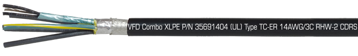 Marking example: SAB NORTH AMERICA VFD Combo XLPE P/N 35691404 (UL) Type TC-ER 14AWG/3C RHW-2 CDRS + GNDG CDR + 14AWG/1PR 90C Dry/Wet 600V,  Oil Res I & II, Sunlight Resistant, Direct Burial, (UL) WTTC 1000V, (UL) Flexible Motor Supply Cable, c(UL) CIC-TC XLPE 600V FT4, CSA AWM I/II A/B 90C 1000V FT4 RoHS CE