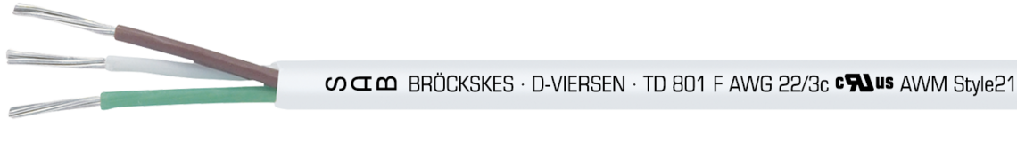 Marking for TD 801 F 38010322:
SAB BRÖCKSKES · D-VIERSEN · TD 801 F AWG 22/3c cULus AWM Style 21618 I/II A/B 150°C 600V FT1 FT2  3801-0322  CE