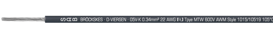 Marking for 05V-K/MTW/TEW 31660134: SAB BRÖCKSKES · D-VIERSEN · 05V-K 0.34mm² 22 AWG (UL) Type MTW 600V AWM Style 1015/10519 105°C 600V CSA Type TEW 105°C 600V FT1 CE