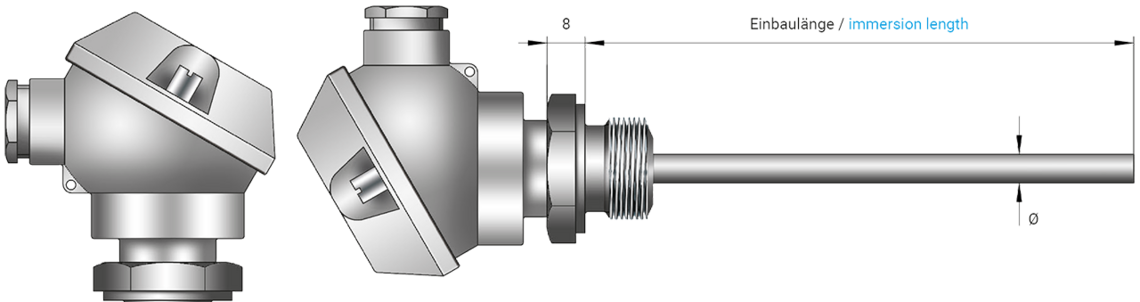 Mineral insulated resistance thermometer with connection head and thread