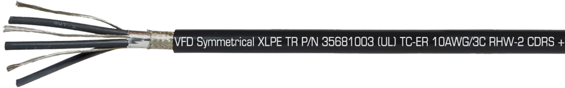 Marking example: SAB NORTH AMERICA VFD Symmetrical XLPE TR P/N 35681003 (UL) TC-ER 10AWG/3C RHW-2 CDRS + 3 x 14 AWG GNDS 90C Dry/Wet, Oil Resistant I/II, Sunlight Resistant, Direct Burial, (UL) WTTC 1000V, (UL) Flexible Motor Supply Cable, c(UL) CIC-TC XLPE 600V FT4, CSA AWM I/II A/B 90C 1000V FT4 RoHS CE