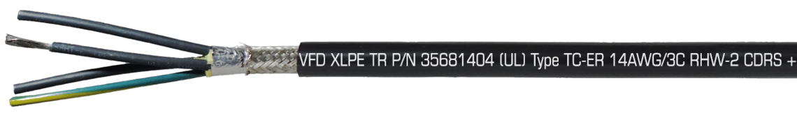 Marking example: SAB NORTH AMERICA VFD XLPE TR P/N 35681404 (UL) Type TC-ER 14AWG/3C RHW-2 CDRS + GNDG CDR 90C Dry/Wet 600V, Oil Res I & II, Sunlight Resistant, Direct Burial, (UL) WTTC 1000V, (UL) Flexible Motor Supply Cable, c(UL) CIC-TC XLPE 600V FT4, CSA AWM I/II A/B 90C 1000V FT4 RoHS CE